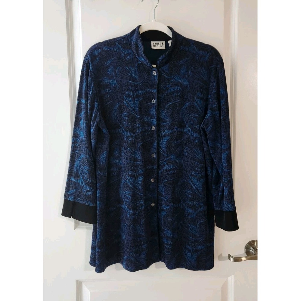 Chico's Vintage Women's Tunic Blouse Button Up Long Sleeve Blue Black Size L/12